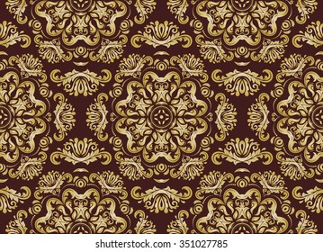 Damask seamless ornament. Traditional vector pattern. Classic oriental brown and golden background