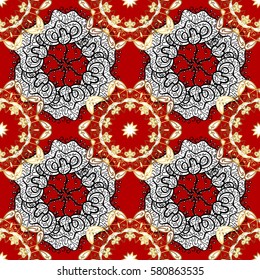Damask seamless ornament. Traditional vector and golden pattern. Classic oriental background with white doodles.