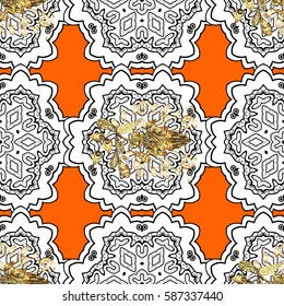 Damask seamless ornament. Traditional vector and golden pattern. Classic oriental background with white doodles.