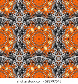 Damask seamless ornament. Traditional vector and golden pattern. Classic oriental background with white doodles.