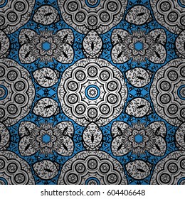 Damask seamless ornament. Traditional vector and white pattern. Classic oriental pattern over blue background.