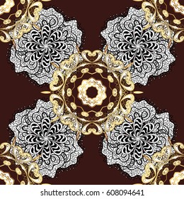 Damask seamless ornament. Traditional vector and golden pattern. Classic oriental background with white doodles.