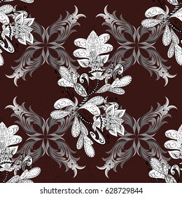 Damask seamless ornament. Traditional vector and white pattern. Classic oriental pattern over brown background.