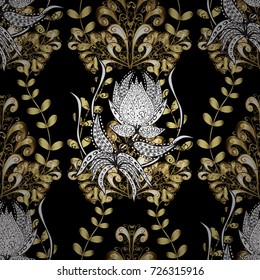 Damask seamless ornament. Traditional vector and golden pattern. Classic oriental background with white doodles.