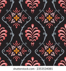 Damask seamless pattern with an abstract floral design on a black background.