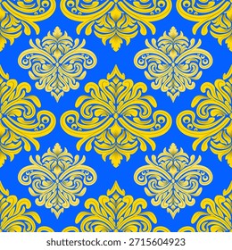 Modelo inconsútil del damasco con las flores abstractas, amarillo y azul, vintage y lujoso, Ilustración vectorial elegante para la tela, papel de pared, ropa de cama, tela de la tapicería, cortina, cubierta del cojín, alfombra, bufanda