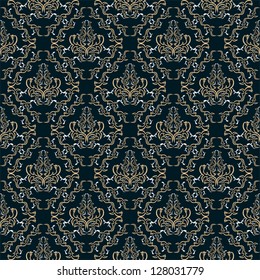 Damask seamless pattern against a dark background.