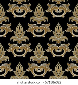 Damask seamless pattern. Antique background  wallpaper with vintage medieval   flowers,  leaves and luxury gold floral baroque  ornaments in Victorian style. Vector fabric texture. Black  background.