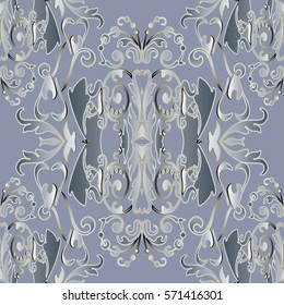 Damask  seamless pattern. Antique wallpaper with vintage medieval  flowers,  leaves and luxury  floral 3d  ornaments in Baroque style.. Vector elegance fabric  texture.  Light stylish  background.