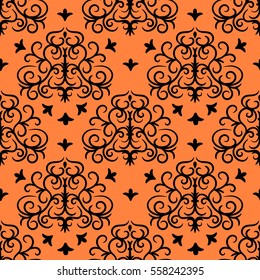 damask seamless pattern background. Elegant luxury texture for wallpapers, backgrounds and page fill. idea for a linen, wrapping paper. pattern of the fabric, black orange ornament. bohemian, textile