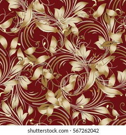 Damask  seamless pattern background wallpaper illustration with vintage antique decorative  gold flowers,leaves and medieval  ornaments in Baroque and Victorian style.Vector hand drawn fabric texture.