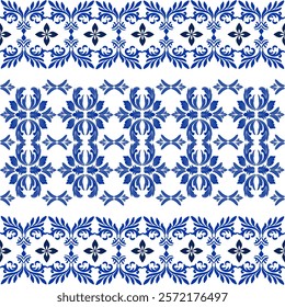 Damask seamless pattern based on traditional folk art ornaments from Portugal. Design for ceramic pottery, sarees, motifs, ornaments, and clothing.