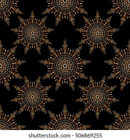 Damask seamless pattern in beige colors. Design for fabric, wallpaper, background, invitation, wrapping and book covers. Vector vintage floral ornament. Oriental style. Hand drawn illustration.