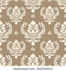 Modelo inconsútil del damasco con el fondo floral y marrón beige, Ilustración vectorial elegante para la materia textil, papel de pared, cortinas, cubierta del cojín, ropa de cama, alfombra, bufanda, ropa de cama, diseño del vintage, estilo lujoso