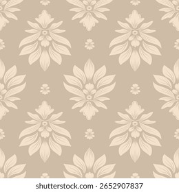 Damask seamless pattern with beige flowers, vintage design, vintage design, vector illustration elegant for textile, bedding, rug, curtains, cushion cover, wall paper, upholstery fabric, scarf, luxury