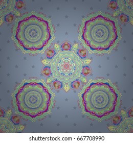 Damask seamless pattern in beige, violet and blue colors. Vector illustration.