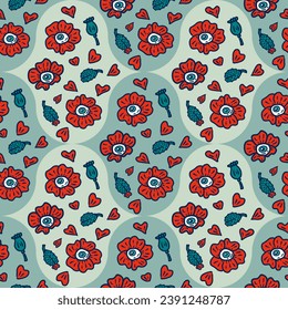 Damask seamless pattern with big eyed poppy flowers and buds. Psychedelic print for tee, paper, textile and fabric. Hand drawn vector illustration.


