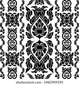Damask seamless pattern black color EPS full vector, Indian motif flower,Ikat vintage floral damask ornament,Thai Pattern,Lai Thai,abstract paisley embroidery,ethnic design for print,wallpaper,fabric 