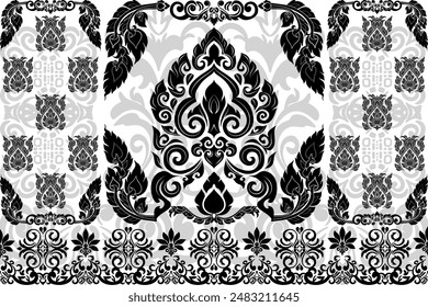 Damask seamless pattern black color EPS full vector, Indian motif flower,Ikat vintage floral damask ornament,Thai Pattern,Lai Thai,abstract paisley embroidery,ethnic design for print,wallpaper,fabric 