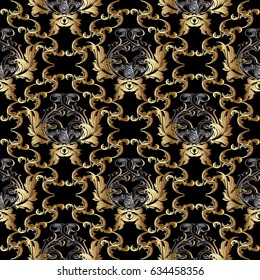 Damask  seamless pattern.  Black floral  background wallpaper illustration with vintage gold silver  3d  flowers, scroll leaves and antique baroque  ornaments. Vector floral  fabric pattern  texture