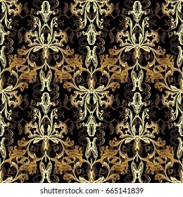Damask seamless pattern. Black floral background wallpaper illustration with vintage gold 3d flowers, scroll swirl curve line art leaves and antique Baroque ornaments. Vector surface rich texture