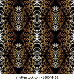 Damask seamless pattern. Black floral  background wallpaper illustration with gold 3d vintage flowers, scroll swirl curve leaves, rhombus frame and antique baroque ornaments. Vector surface texture