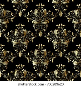 Damask seamless pattern. Black floral vector background wallpaper illustration with hand drawn line art tracery gold 3d flowers, swirl leaves and antique flourish golden vintage ornaments.