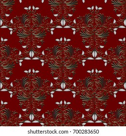 Damask seamless pattern. Black floral vector background wallpaper illustration with hand drawn line art tracery striped paisley flowers, swirl leaves and antique flourish golden vintage ornaments.