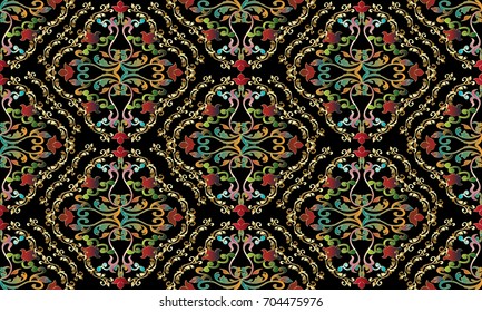 Damask seamless pattern. Black floral vector background wallpaper illustration with vintage colorful damask flowers, gold floral rhombus frames and surface Baroque ornaments in victorian style.