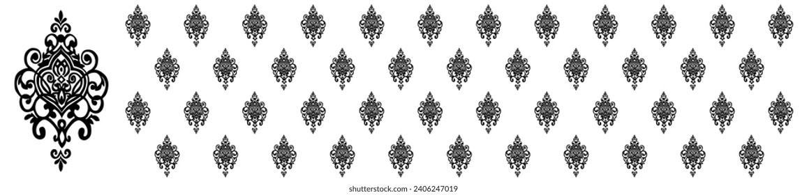 Damask seamless pattern. Black flowers Luxury Royal Wallpaper. Floral white Background.