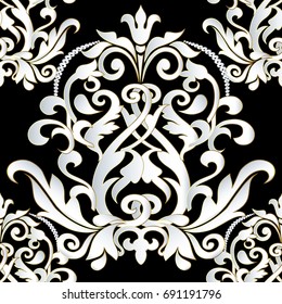 Damask seamless pattern. Black  vector Baroque background wallpaper illustration with white scroll leaves, flowers and  luxury vintage antique ornaments. Stylish isolated floral  fabric texture