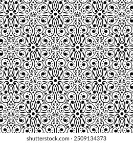 Padrão sem emenda Damask. Textura em preto e branco. Ilustração vetorial. Papel de embrulho, têxteis. Fundo bonito