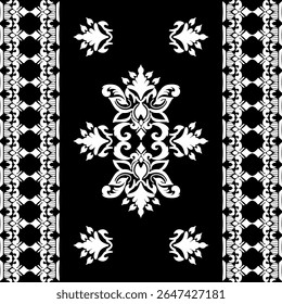 Damask seamless pattern with black and white ornament. Vector illustration. Victorian style. Baroque style. Vintage style. Design for curtains, wrapping, and elaborate borders.