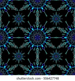 Damask seamless pattern in blue colors. Design for fabric, wallpaper, background, invitation, wrapping and book covers. Vector vintage floral ornament. Oriental style. Hand drawn illustration.