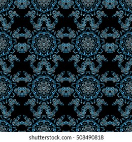 Damask seamless pattern in blue colors. Design for fabric, wallpaper, background, invitation, wrapping and book covers. Vector vintage floral ornament. Oriental style. Hand drawn illustration.