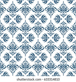 Damask seamless pattern in blue colors. Abstract on a white background. Vector stylish ornament. Royal wallpaper.