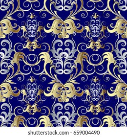 Damask seamless pattern. Blue floral background. Luxury wallpaper illustration with vintage 3d gold silver flowers, leaves, Baroque style ornaments. Vector surface texture for fabric, textile, prints