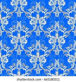 Damask seamless pattern. Blue floral background wallpaper illustration with vintage white 3d flowers, scroll swirl curve line art leaves and antique Baroque ornaments. Vector surface rich texture