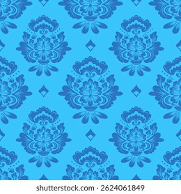 Damasco padrão sem costura com flores azuis, design vintage, ilustração vetorial elegante para têxtil, papel de parede, cama, cortinas, capa de almofada, tapete, cachecol, tecido de estofo, decoração,