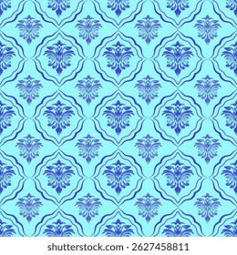 Damask seamless pattern with blue flowers ornamental, vector illustration elegant for textile, wall paper, curtains, cushion cover, rug, scarf, geometric, vintage design, luxury design, decoration