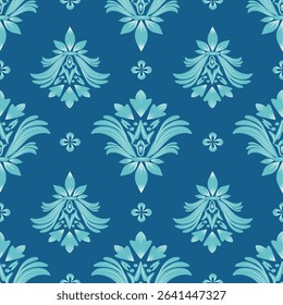Damask seamless pattern with blue flowers, vintage design, vector illustration elegant for textile, wall paper, bedding, curtains, cushion cover, rug, scarf, upholstery fabric, fashion, bag, luxury