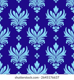 Modelo inconsútil del damasco con las flores azules, diseño del vintage, Ilustración vectorial elegante para la materia textil, papel de pared, cortinas, cubierta del cojín, alfombra, bufanda, ropa de cama, envoltura, tela de tapicería, moda