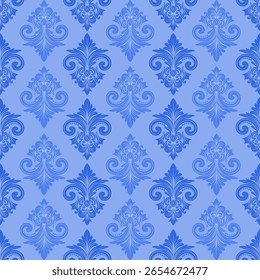 Padrão sem emenda de damasco com flores azuis, ilustração vetorial elegante para têxtil, papel de parede, cortinas, cobertura de almofada, tapete, tecido de estofo, cachecol, roupa de cama, moda, tapete, estilo vintage