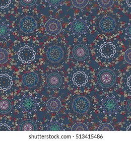 Damask seamless pattern in blue, green and pink colors. Design for fabric, wallpaper, print, invitation, wrapping or book covers. Vector vintage floral ornament. Oriental style hand drawn illustration