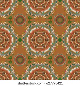 Damask seamless pattern in blue, green and brown colors. Hand drawn sketch. Design for fabric, wallpaper, background, invitation, wrapping and book covers. Oriental style. Vector vintage ornament.