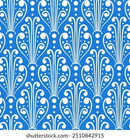 Padrão sem emenda Damask. Textura azul e branca. Ilustração vetorial. Papel de embrulho, têxteis. Fundo bonito