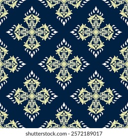 Damask seamless pattern. Blue and yellow vector background. Ornament for fabric, wallpaper, packaging, and ceramic pottery.