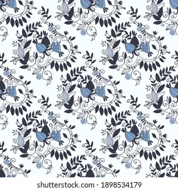 Damask seamless pattern with branches, leaves and fantasy fruit on beige background for surface design and other design projects