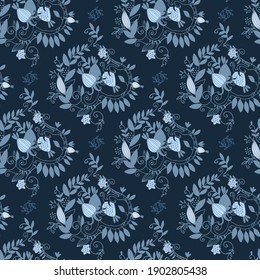Damask seamless pattern with branches, leaves and fantasy fruit on dark blue background for surface design and other design projects