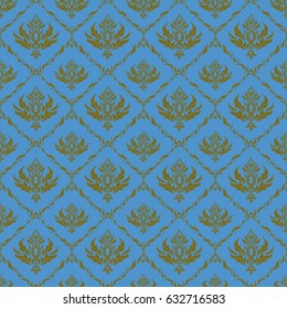Damask seamless pattern in brown and blue colors. Vector illustration.
